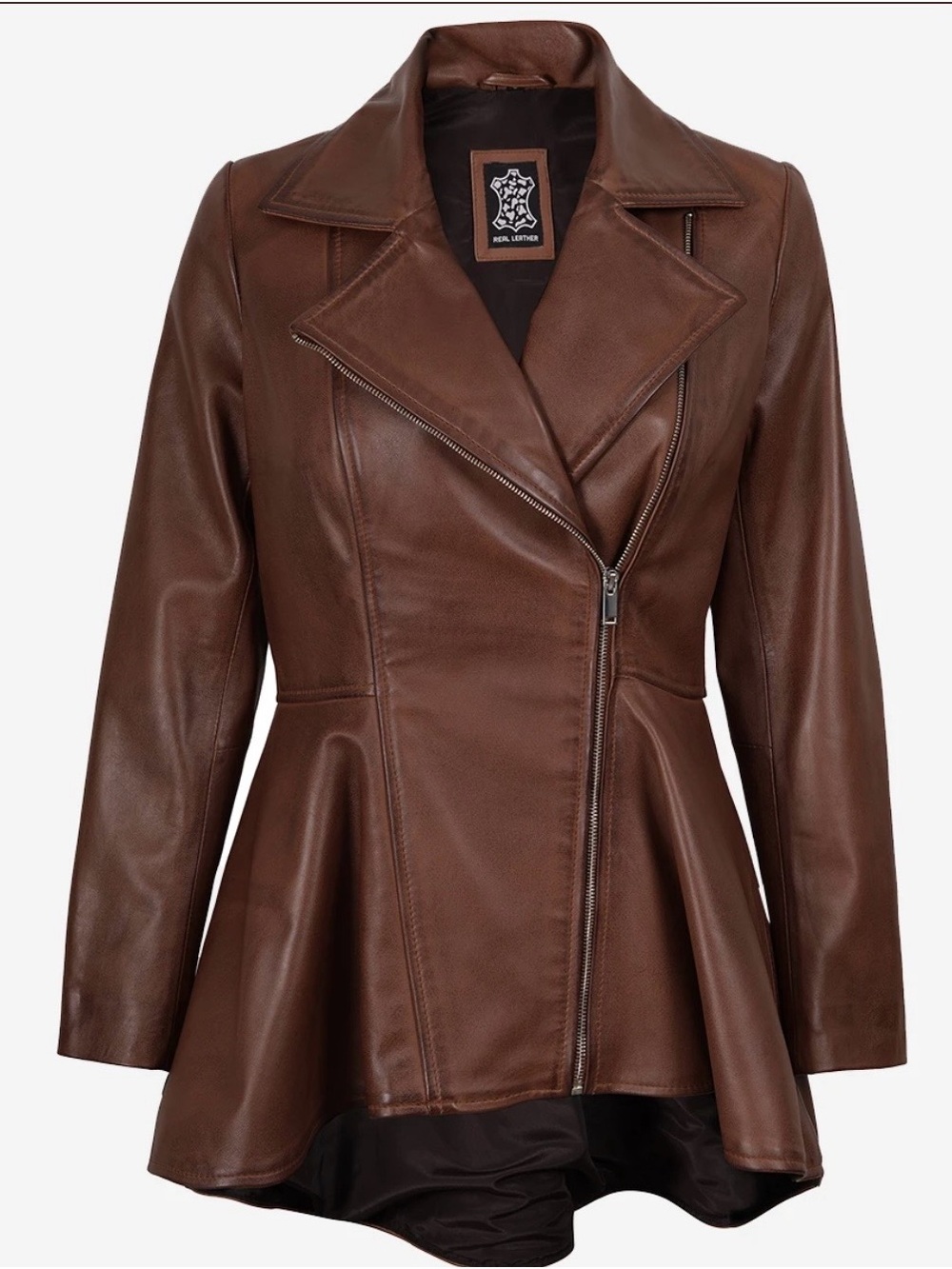 Cognac 100% Lambskin Leather Peplum Jacket